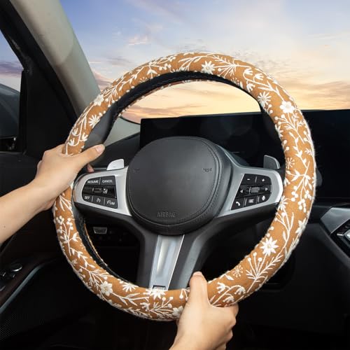 Brown Japanese Style Flower Steering Wheel Cover Auto Embroidery Steering Wheel Protector, Anti-Slip, Breathable, Absorbing Sweat, Universal Car Accessories 14.5–15 inch,Fit for Most Car, Trucks, SUV - style: Brown Japanese Style Flower JQ