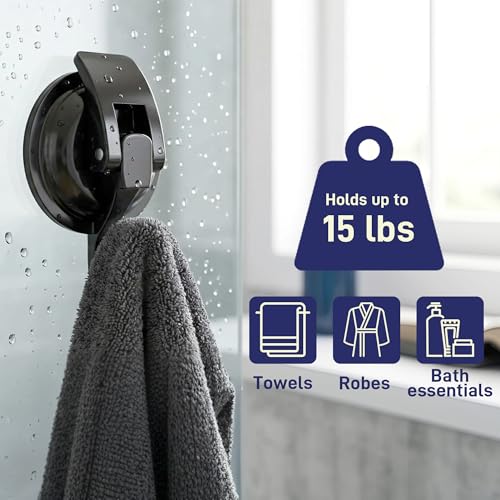 Heavy Duty Vacuum Suction Cup Hooks, Matte Black Plated Polished Super Suction for Kitchen Bathroom, 2 Pack