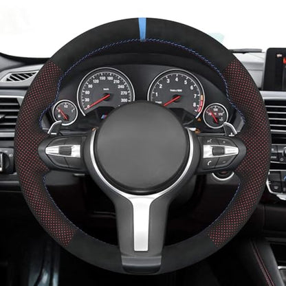 MEWANT Hand-Stitched Steering Wheel Cover for BMW (M Sport) F22 F23 F30 F34 F32 F33 F36 F10 F07 F12 F13 F06 F39 F25 F26 F15 F16, DIY Custom Fit Steering Wheel Wrap for BMW - color: 11:red mesh IT-ALCAN + 3m thread