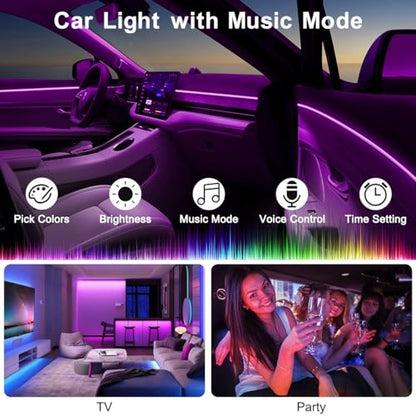 Interior Car LED Strip Lights with Wireless APP & Remote Control, RGB 2 in 1 Car Ambient Lighting Kit with 158 Inches Fiber Optic, Inside Neon Dash Strip with Music Mode