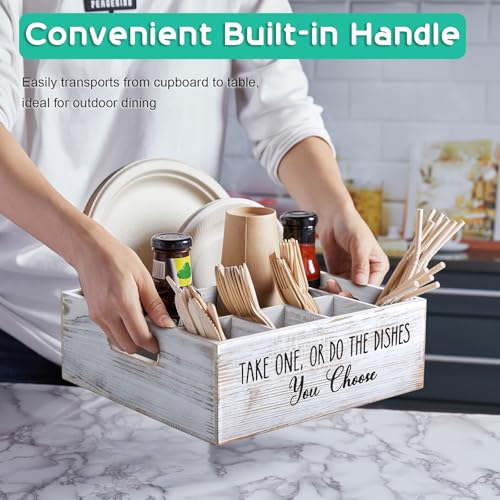 ALELION Rustic White Plate and Utensil Caddy, 6-Compartment Paper Plate and Cutlery Holder with Handles, Kitchen and Party Organizer for BBQs, Picnics, and Gatherings - style: White