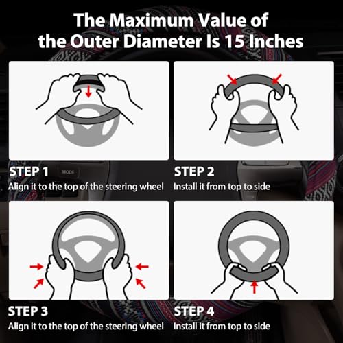 CAR PASS Boho Steering Wheel Cover, Ethnic Flax Cloth Universal Steering Wheel Cover,Anti-Slip Design, Fit 14.5-15 inches for Vehicles,Cars,SUV,Vans
