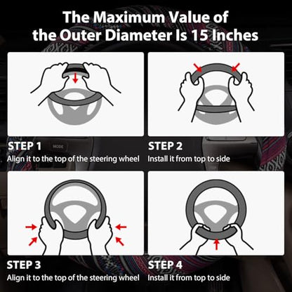 CAR PASS Boho Steering Wheel Cover, Ethnic Flax Cloth Universal Steering Wheel Cover,Anti-Slip Design, Fit 14.5-15 inches for Vehicles,Cars,SUV,Vans