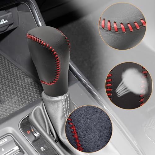 Compatible with DIY Genuine Black Leather Gear Shift Knob Cover Interior Accessories Protective Decoration for Honda CRV 2023 2024 2025 2026 Red Stitches
