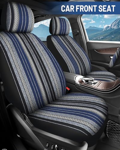 Baja Saddle Blanket Car Seat Covers Full Set with Seat Belt Pads and Steering Wheel Cover, Washable Breathable Striped Woven Cloth Seat Covers for Cars, SUV, Truck(Blue,Large) - color: Blue, size: Full Set