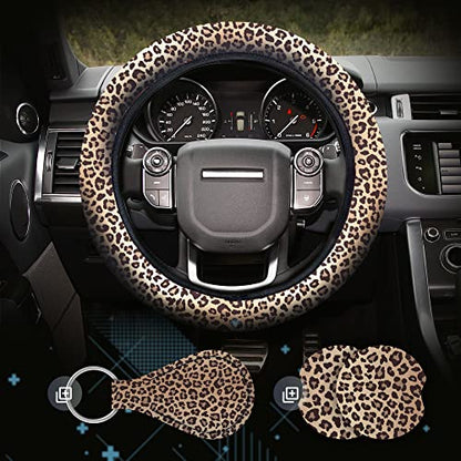 4 Pieces Leopard Cheetah Print Steering Wheel Cover Set with Car Cup Holder & Quarter Keyring, Universal Fit 14-15.5 inches, Leopard Cheetah Print Car Accessories Set - color: Leopard