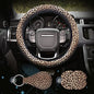 4 Pieces Leopard Cheetah Print Steering Wheel Cover Set with Car Cup Holder & Quarter Keyring, Universal Fit 14-15.5 inches, Leopard Cheetah Print Car Accessories Set - color: Leopard