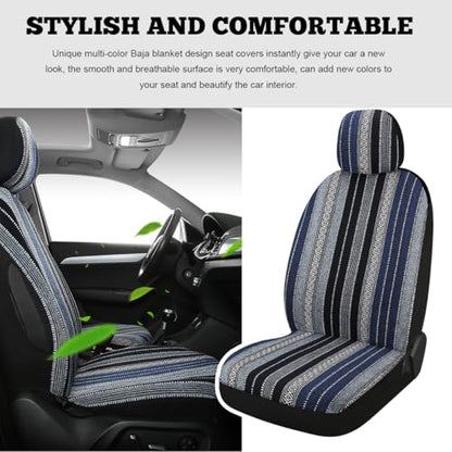 9PCS Baja Saddle Blanket Car Seat Covers, Front Set Breathable Washable Seat Covers with Seatbelt Pad, Striped Woven Cloth Airbag Compatible Seats Protector for Most Vehicles (Blue Stripe) - color: Blue Stripe, 9PCS