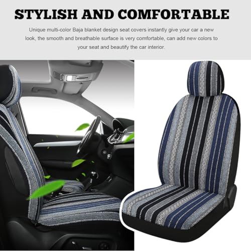 4PCS Baja Saddle Blanket Car Seat Covers, Front Set Breathable Washable Seat Covers with Seatbelt Pad, Striped Woven Cloth Airbag Compatible Seats Protector for Most Vehicles (Blue Stripe) - color: Blue Stripe