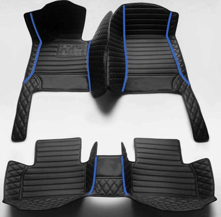 Custom Leather Car Mats, Vehicle-Specific Fit All-Weather Floor Mats, 100% Waterproof Anti-Slip Durable Protection for SUV Truck Sedan, Precision Tailored Protection (Black Splicing Blue Stripes) - color: black Splicing blue Stripes