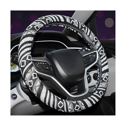 Boho Steering Wheel Cover, 15 Inch Coarse Flax Cloth Ethnic Style Anti-Slip Car Wheel Wrap, Universal Breathable Bohemian Steering Wheel Protector for Cars Vans Trucks (E) - color: E