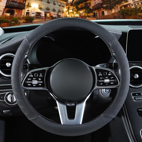 3D Premium Skin-Feel Leather Small Car Steering Wheel Cover, Anti-Slip Breathable Soft Slim Design, 13.5 inch to 14 inch, Black