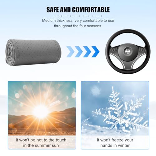 Genuine Leather Car Steering Wheel Cover, DIY Sewing Stitch on Wrap Auto Wheel Cover with Needle Thread, Breathable Anti-Slip Vehicle Steering Stitching Protector, Universal Fit (Gray) - color: Gray