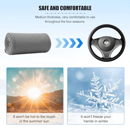 Genuine Leather Car Steering Wheel Cover, DIY Sewing Stitch on Wrap Auto Wheel Cover with Needle Thread, Breathable Anti-Slip Vehicle Steering Stitching Protector, Universal Fit (Gray) - color: Gray