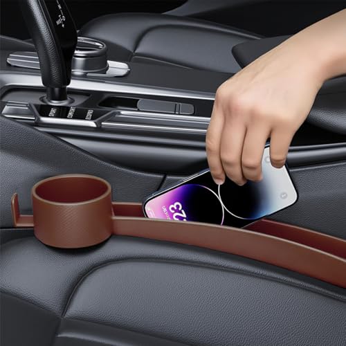 2PCS Car Seat Gap Filler, Soft Carbon Fiber Vehicle Between Seat and Console Organizer with Cup Holder, Prevent Falling Automotive Interior Chair Gap Plug, Universal Fit (Brown) - color: Brown