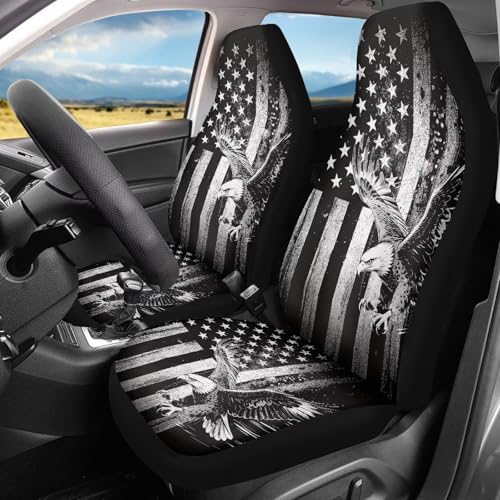 Dreaweet Black White American Eagle Car Seat Covers Front Seats Only Universal Washable 2 Piece Patriotic Car Accessories High Back Bucket Seat Covers for Most Cars SUV Trucks - color: Black White American Eagle
