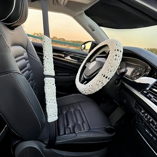 Crochet Steering Wheel Cover, Sunflower Steering Wheel Cover, 14-15 inch, Universal fit, Boho Car Accessories, for Men, Women and Girly, White (Wheel Cover Set) - color: Wheel cover set