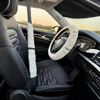 Crochet Steering Wheel Cover, Sunflower Steering Wheel Cover, 14-15 inch, Universal fit, Boho Car Accessories, for Men, Women and Girly, White (Wheel Cover Set) - color: Wheel cover set