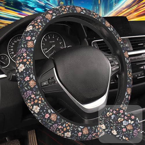 Colorful Wildflower Steering Wheel Cover with 2 Pcs Car Coasters Neoprene Steering Wheel Cover for Women Men Anti-Slip Breathable Car Accessories Universal 15 Inch Fit Auto Cars Trucks - color: Colorful Wildflower
