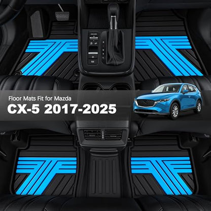 All Weather Floor Mats Custom Fit for Mazda CX-5 2017-2025 Waterproof Heavy Duty Anti-Slip Car Mats, 1st & 2nd Row Black & Blue - color: Blue