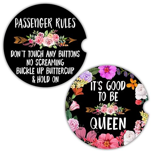 Funny Car Coasters for Cup Holders - 2 Pack Flower Cute Car Accessories for Women, Funny Floral Stuff Decor, Absorbent Ceramic Stone Cup Holder Coasters for Car to Keep Clean, Gag White Elephant Gifts