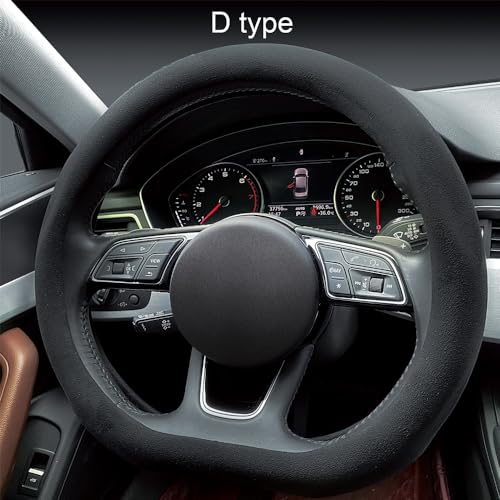 Suede Steering Wheel Cover ， Non-Slip Leather Car Interior Fitting 15-inch Universal（D-Shape,Black）