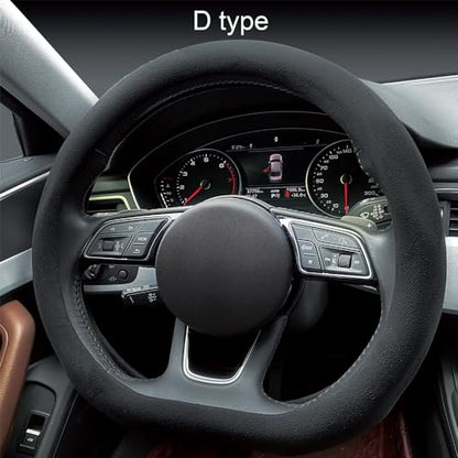 Suede Steering Wheel Cover ， Non-Slip Leather Car Interior Fitting 15-inch Universal（D-Shape,Black）