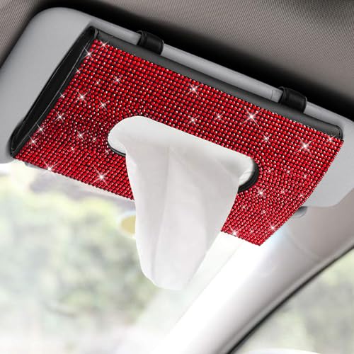 Bling Car Sun Visor Tissue Box Holder, Visor Accessories, Rhinestone PU Leather Crystal Sparkling Napkin Holder, Auto Sun Visor Paper Towel Cover Case Accessories for Most Cars (Red) - color: Red