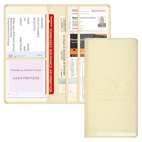 Car Insurance and Registration Holder, 9.5 x 5 Inch PU Leather Vehicle Glove Box Organizer Wallet Case for Insurance Card, Driver License, Paperwork - Champagne - color: Champagne