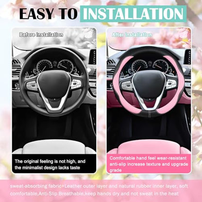 Car Steering Wheel Cover 2025, Universal Auto PU Cute Breathable Slip-Proof Comfort Imitation Leather Protector Cars Interior Accessories for Women Men Fit Most Vehicle (Pink)