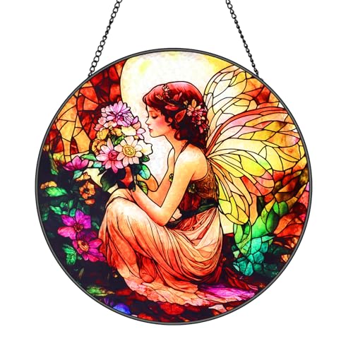Butterfly Flower Fairy Stained Glass Window Hanging Suncatcher with Chain - 7.9" Outdoor/Indoor Art Decor for Home Garden,Wedding, Mother's, Valentine's, Birthday & Christmas Ornaments Present - color: Butterfly Flower Fairy