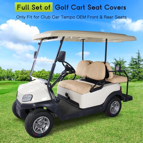 Golf Cart Seat Covers Full Set Front & Rear Kit for Club Car Tempo OEM, Premium Vinyl Leather Replacement Cushion Covers, No Tools Needed & Easy to Clean (Beige) - color: Beige, size: Fit Club Car Tempo OEM Seat