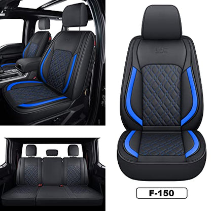 LUCKYMAN CLUB F150 Full-Set Seat Covers J03-Q3 with Waterproof Faux Leather, Fit 2015-2025 Ford F150 and 2017-2025 F250 F350 F450 (Full Set, Black-Blue) - color: Black&Blue, size: Full Set