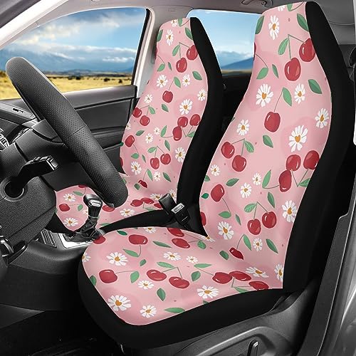 Pink Cherry Print Universal Fit Front Car Seat Cover for Women Girls Stain Resistant Car Seat Covers Bucket Seat Protector Prefect for Automotive, Van, Truck, SUV Cute Daisy Fruit Pattern - color: Cherry