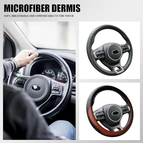 Car Steering Wheel Cover, 15 Inch Napa Leather Car Steering Wheel Protector, Slip-Resistant Elastic Steering Wheel Handle Cover, Universal Interior Accessories for Cars Trucks SUVs (Coffee)
