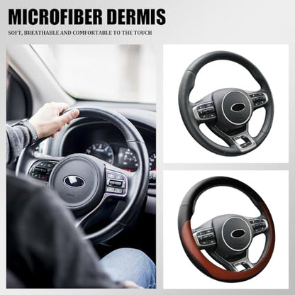 Car Steering Wheel Cover, 15 Inch Napa Leather Car Steering Wheel Protector, Slip-Resistant Elastic Steering Wheel Handle Cover, Universal Interior Accessories for Cars Trucks SUVs (Coffee)