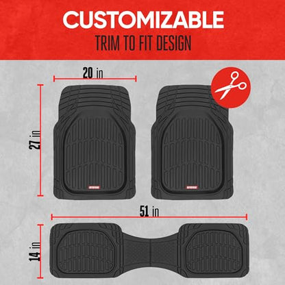 Motor Trend Original FlexTough Black Rubber Car Floor Mats for 3 Row Vehicles, Front & Rear 2nd Row Deep Dish All Weather Automotive Heavy Duty Trim to Fit, Automotive Liners for Cars Truck Van SUV