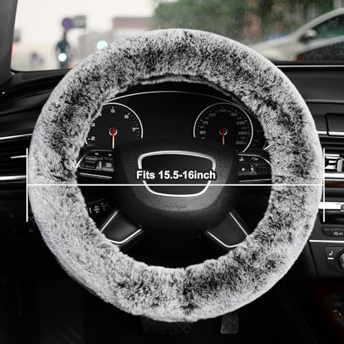 KAFEEK 16 inch Frost Fluffy Steering Wheel Cover for Winter Warm, Large Size Soft Fuzzy Steering Wheel Cover, Compatible with Ram F-150 Tundra Range Rover F150 F250 F350 Ram 4Runner Tacoma, Grey - color: gray, size: Large Size[15.5"-16"]