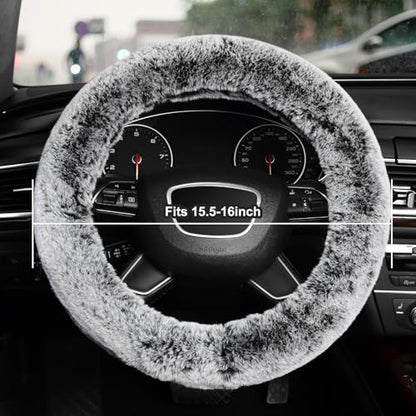 KAFEEK 16 inch Frost Fluffy Steering Wheel Cover for Winter Warm, Large Size Soft Fuzzy Steering Wheel Cover, Compatible with Ram F-150 Tundra Range Rover F150 F250 F350 Ram 4Runner Tacoma, Grey - color: gray, size: Large Size[15.5"-16"]