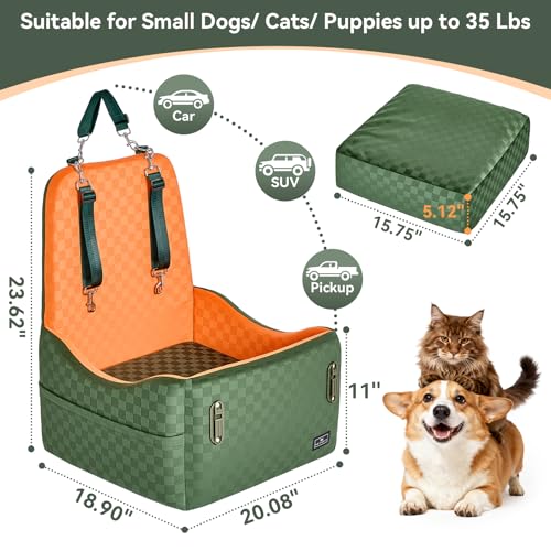 PETSFIT Dog Car Seat for Small/Medium Dogs Up to 35 lbs – Patented Safety System, 5" Memory Foam Pet Car Seat, Fully Detachable and Washable Cover, Front/Back Seat Travel Booster (Green & Orange) - color: Green/Orange