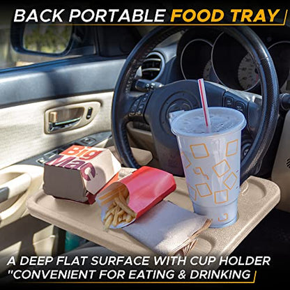 EcoNour 2 in 1 Car Steering Wheel Desk (Beige) | Steering Wheel Tray for Laptop, Eating, Drinks | Rectangular ABS Car Tray with Pen Holder & Cup Holder - size: Medium-Beige