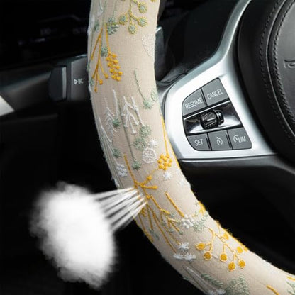 Beige Spherical Flowers Steering Wheel Cover Auto Embroidery Steering Wheel Protector, Anti-Slip, Breathable, Absorbing Sweat, Universal Car Accessories 14.5–15 inch,Fit for Most Car, Trucks, SUV - style: Beige Spherical Flowers JQ