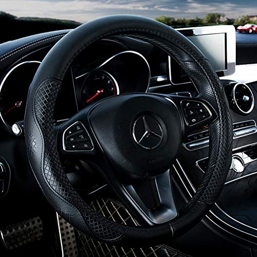 Black Leather Steering Wheel Cover Cowhide Wheel Cover Genuine Leather BMW Steering Wheel Cover Universal Size M / 15inch Fit Car/Auto/SUV (A-Black-M) - color: A-Black-M, size: M-15inch