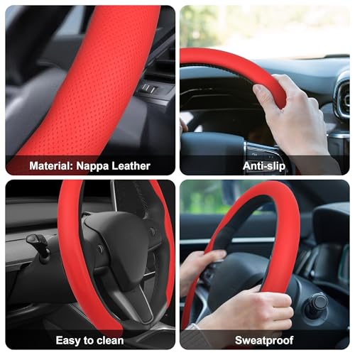 Nappa Leather Steering Wheel Cover,Universal Fit 15 Inch-Premium Non-Slip Breathable Comfort Grip for Cars Trucks SUVs,Anti-Slip Durable Interior Upgrade Red - color: Red