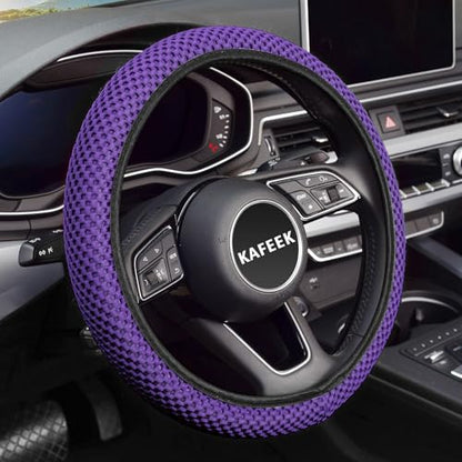 KAFEEK Elastic Stretch Steering Wheel Cover 15 Inch, Breathable Ice Silk Microfiber, Non-Slip Grip, Warm in Winter and Cool in Summer, Odorless, Car Accessories Fit Cars, SUVs, Purple - color: purple