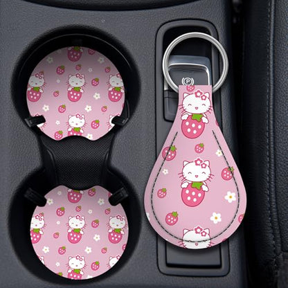 Kitty Accessories Car, Strawberry Pink Cat Wheel Cover, Y2K Car Accessories, Girly Steering Wheel Cover, Universal Fit 14.5-15 inch Auto SUV Vans Trucks, Anti-Slip and Sweat Absorption - color: Pink