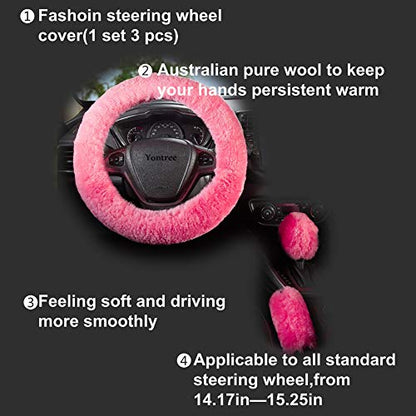 Yontree Fashion Fluffy Steering Wheel Covers for Women/Girls/Ladies Australia Pure Wool 15 Inch1 Set 3 Pcs(Pink) - color: Pink, size: Shearing Wool