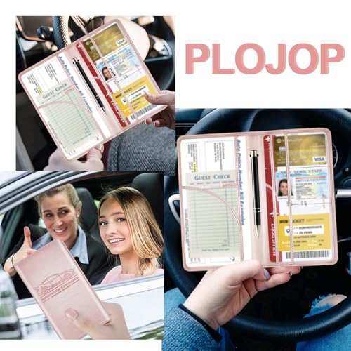 PLOJOP Car Registration and Insurance Card Holder, Leather Vehicle Insurance Card Holder Glove Box Compartment Organizer, Car Wallet Case for License Cards, ID Card, Business Card (Rose gold, L) - color: Rose gold