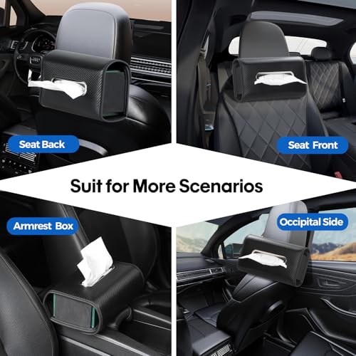 Upgraded Car Tissue Holder Premium PU Leather Tissue Box Cover Keep Tidy Backseat Rectangular Napkin Holder for Car Fits for 100-160 Regular Size Tissues Multi-Position Organizer in Cars Black