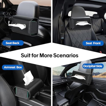 Upgraded Car Tissue Holder Premium PU Leather Tissue Box Cover Keep Tidy Backseat Rectangular Napkin Holder for Car Fits for 100-160 Regular Size Tissues Multi-Position Organizer in Cars Black